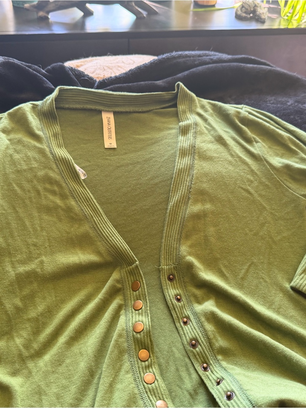 Zenana Outfitters Olive Green V-Neck Button Cardigan